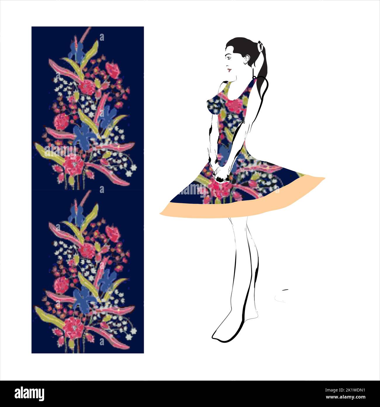 Illustration von Buketan Batik, Pekalongan, Central Java, Indonesien und eine Skizze einer Model-Frau Stock Vektor