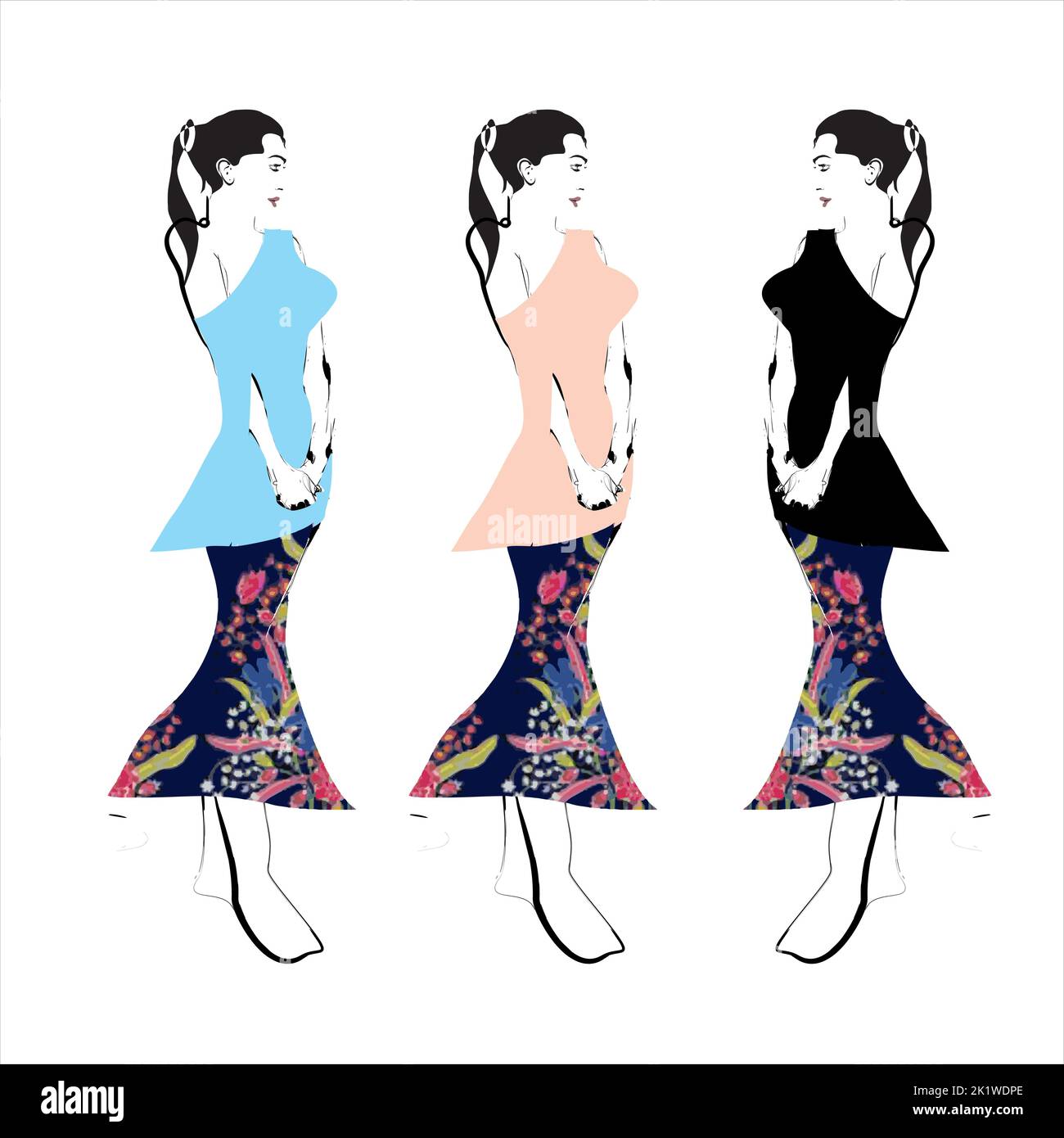 Illustration von Buketan Batik, Pekalongan, Central Java, Indonesien und eine Skizze einer Model-Frau Stock Vektor