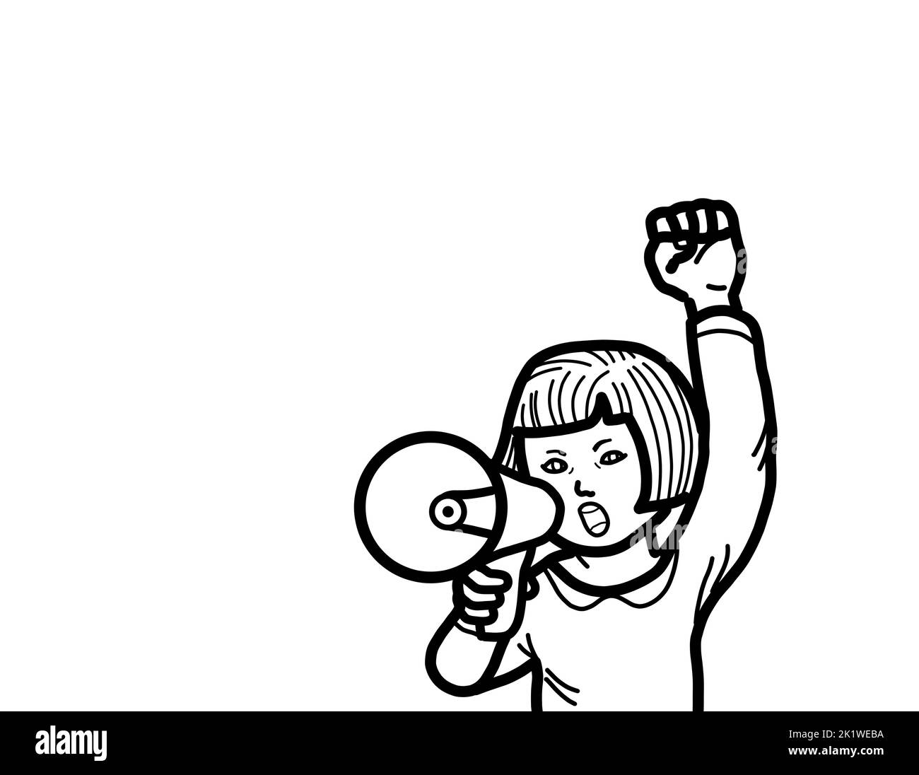 Eine junge weibliche Person Hand hält Megaphon schreiend und hob Arm Faust. Das Protestdemonstrationskonzept des studentischen Aktivisten. Stockfoto