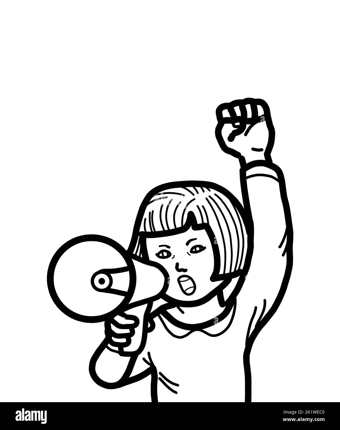Eine junge weibliche Person Hand hält Megaphon schreiend und hob Arm Faust. Das Protestdemonstrationskonzept des studentischen Aktivisten. Stockfoto