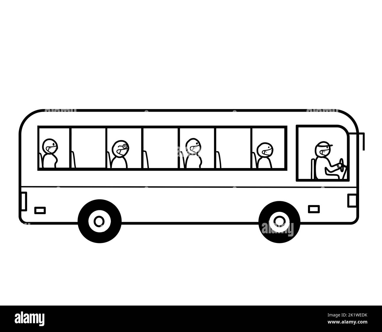 Ein öffentlicher Stadtbus mit einer Gruppe von Fahrgästen Menschen tragen eine schützende Gesichtsmaske, soziale Distanzierung. Maskiertes Transit-, Gesundheits- und Sicherheitskonzept. Stockfoto