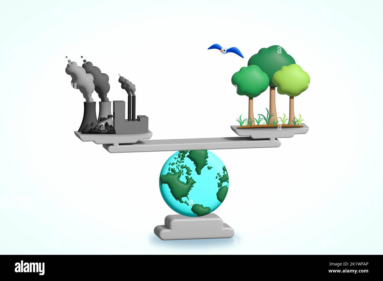 Die Welt balanciert Industrie und Natur auf einer Skala, 3D-Darstellung, Industrie Umweltbilanz Konzept Cop27 Stockfoto