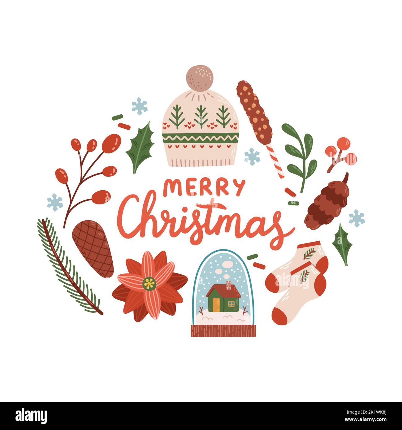 Frohe Weihnachten mit Kranz Schriftzug flach Vektor Stock-Vektorgrafik