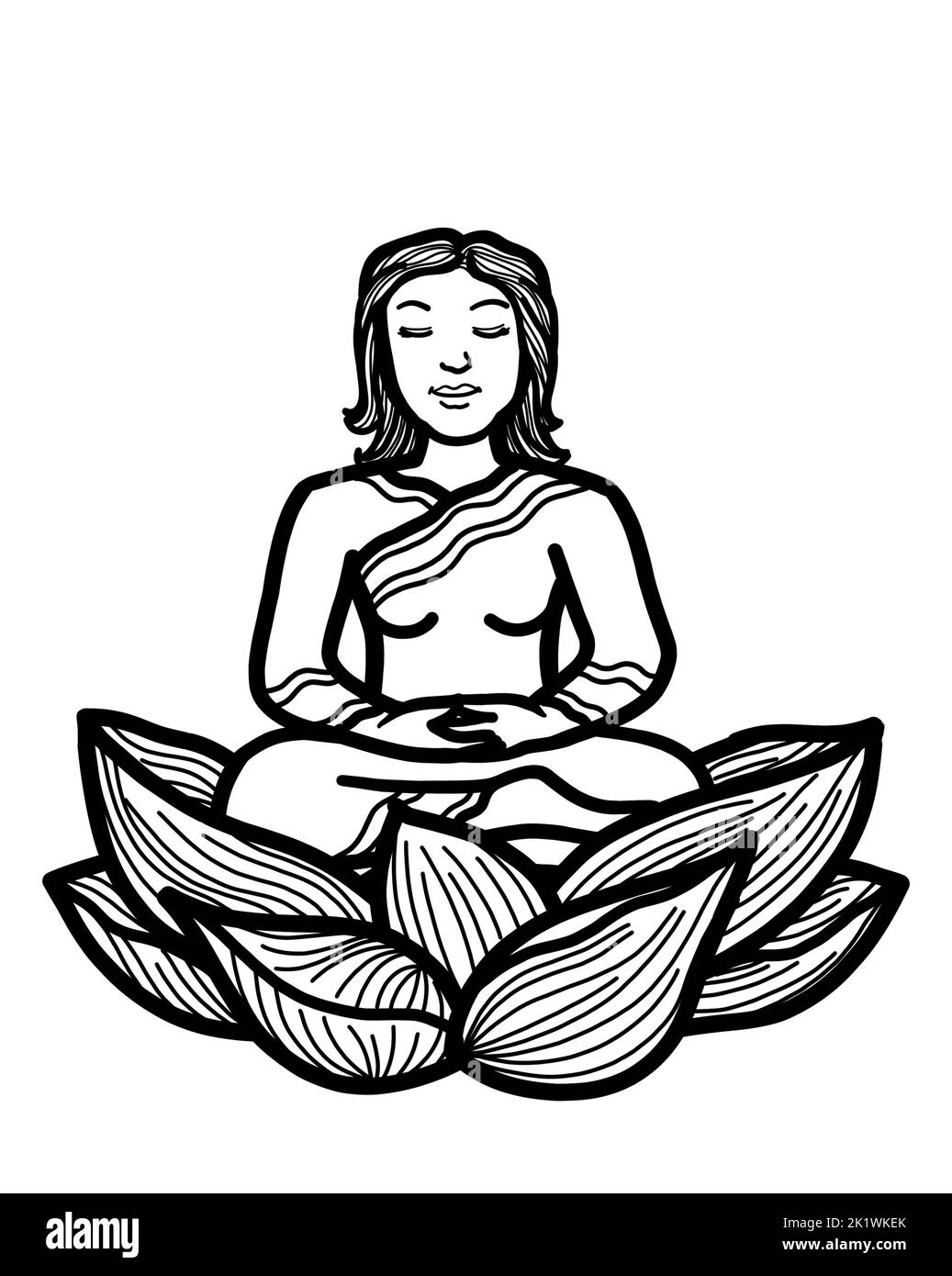 Eine junge kaukasische Frau, die in Lotushaltung sitzt, meditiert. Buddhistische Meditationspraxis für Achtsamkeit, Frieden, Harmonie und Wohlbefinden. Stockfoto