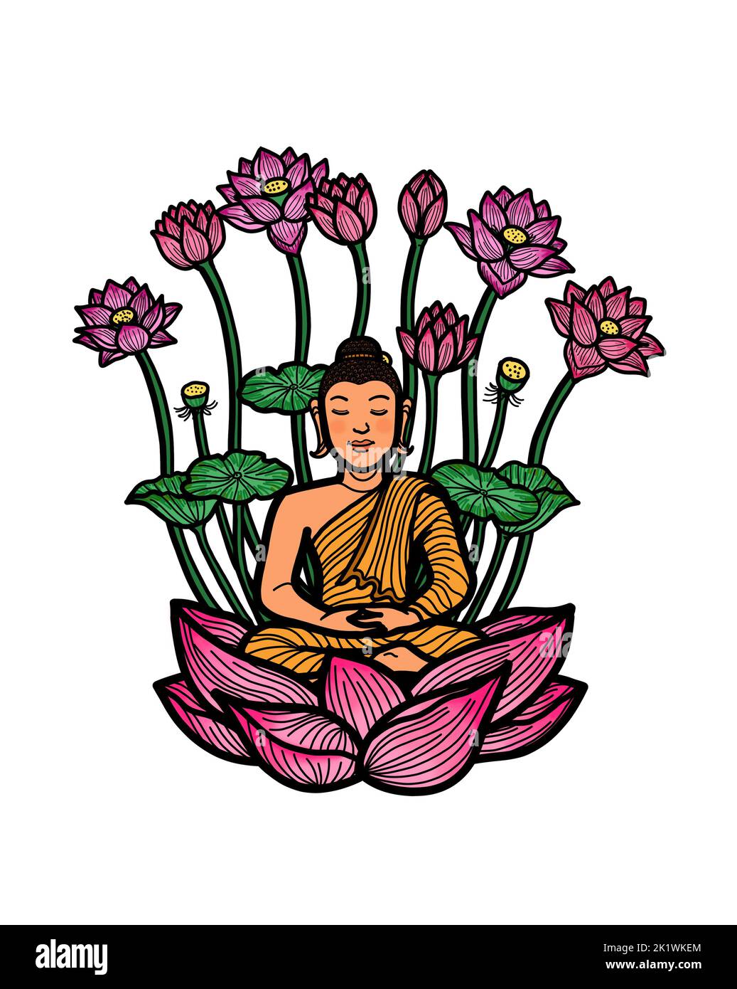 Gautama Buddha sitzt in Lotushaltung und meditiert vor dem Hintergrund von Lotusblumen. Buddhistische Meditationspraxis für Erleuchtung, Achtsamkeit, Frieden, Harmo Stockfoto