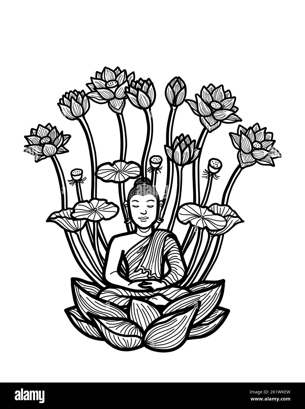 Gautama Buddha sitzt in Lotushaltung und meditiert. Buddhistische Meditationspraxis für Erleuchtung, Achtsamkeit, Frieden, Harmonie und Spiritualität. Stockfoto