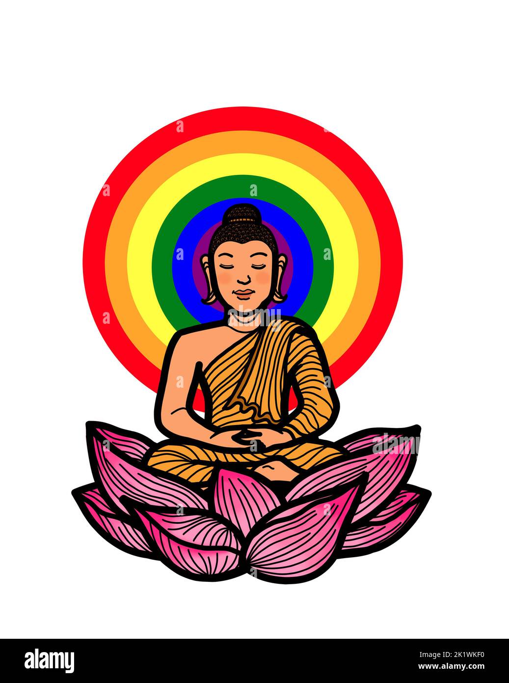 Gautama Buddha sitzt in Lotushaltung und meditiert mit schwuler Regenbogenaura. Buddhistische Meditationspraxis für Erleuchtung, Achtsamkeit, Frieden, Harmonie und s Stockfoto