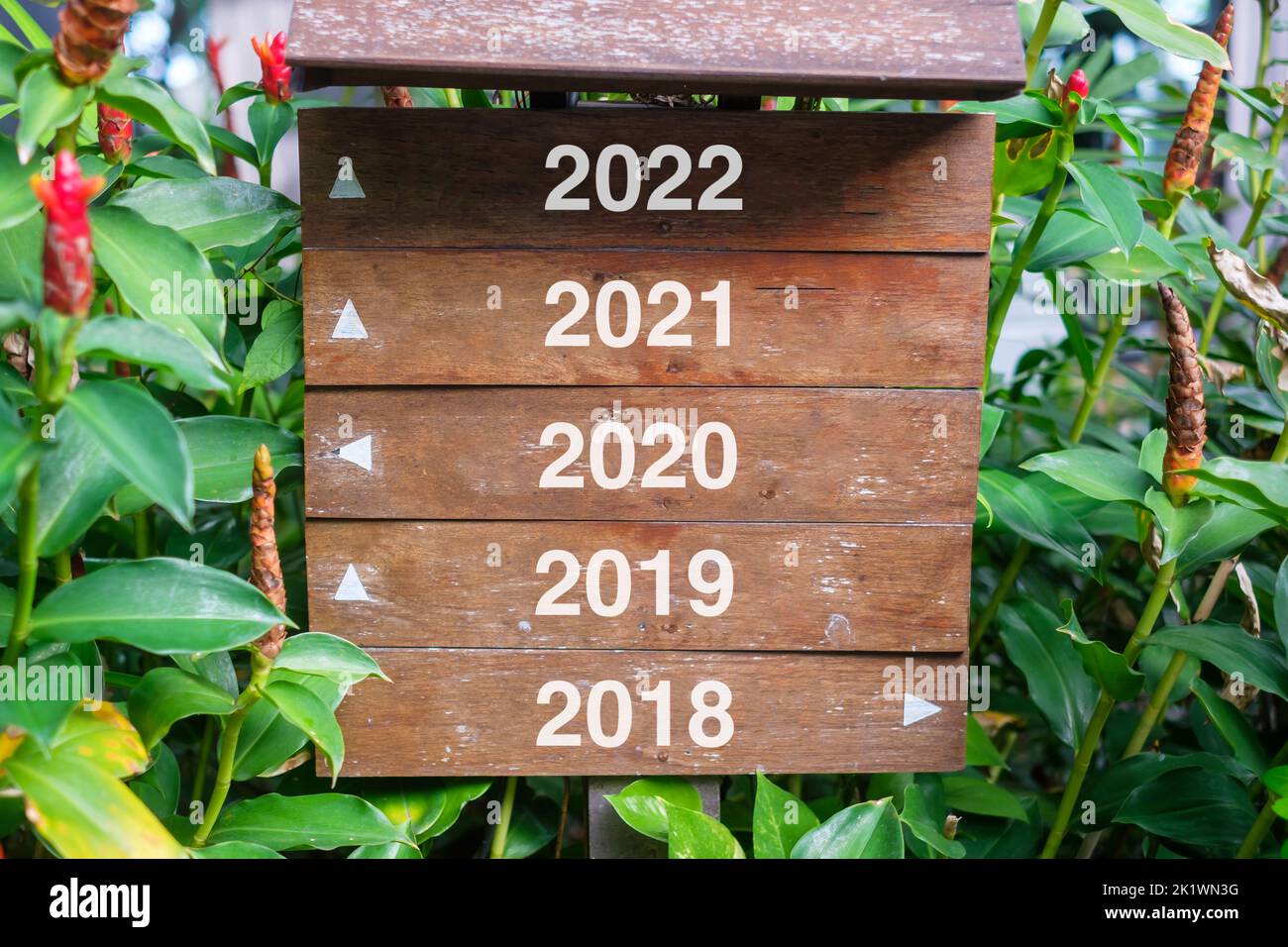 Holz-Wegweiser mit den Jahren 2022, 2021, 2020, 2019 und 2018, Wegweiser für die Zukunft wählen. Lösung, Strategie, Plan, Ziel, vorwärts, Motivation Stockfoto