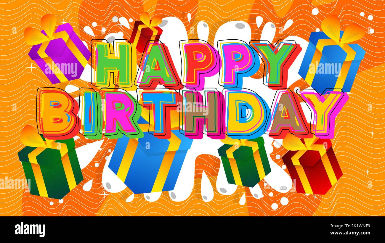 Alles Gute zum Geburtstag. Wort mit Kinderschrift im Cartoon-Stil geschrieben. Stock Vektor