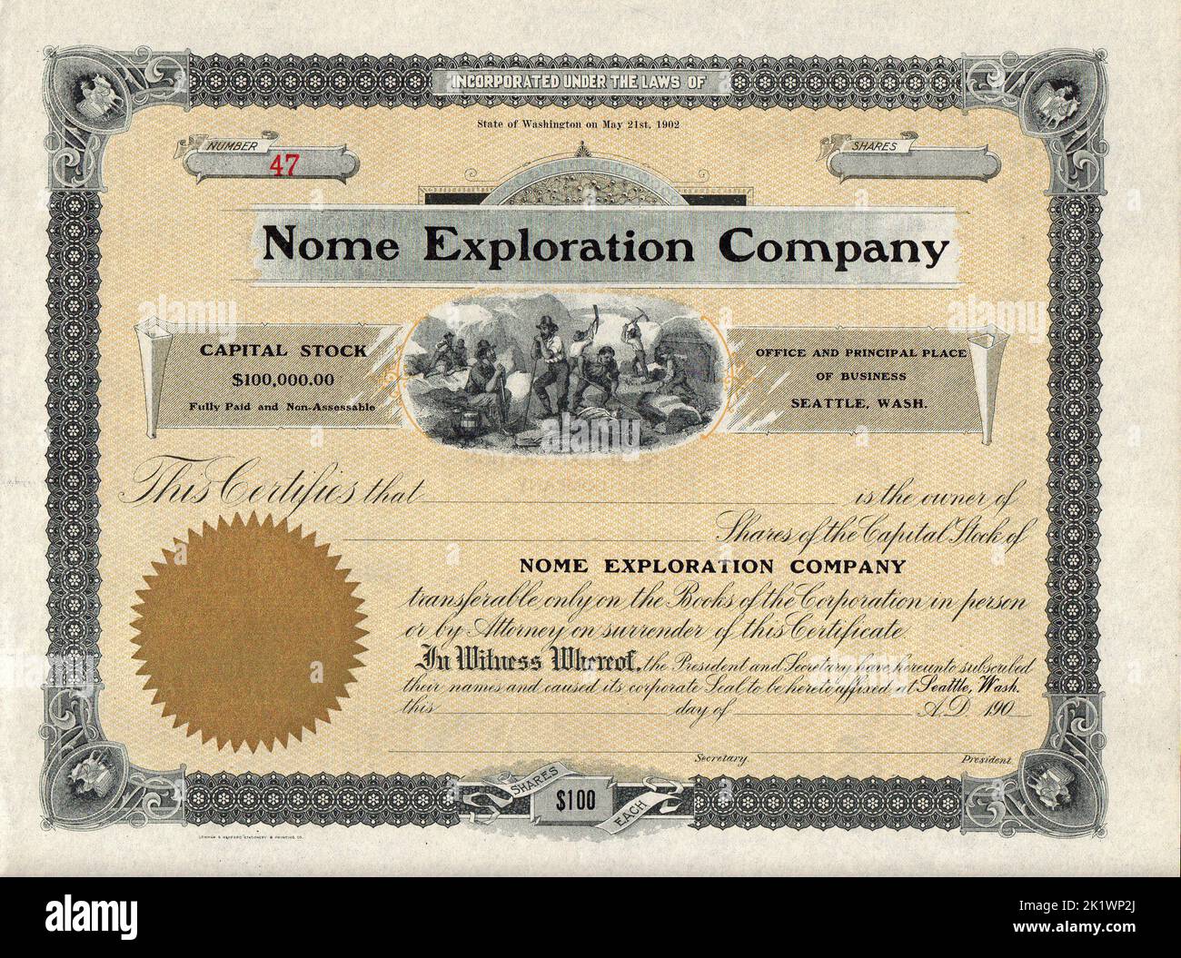 Original Stock Certificate von einem frühen Alaska Mining Company - USA Stockfoto