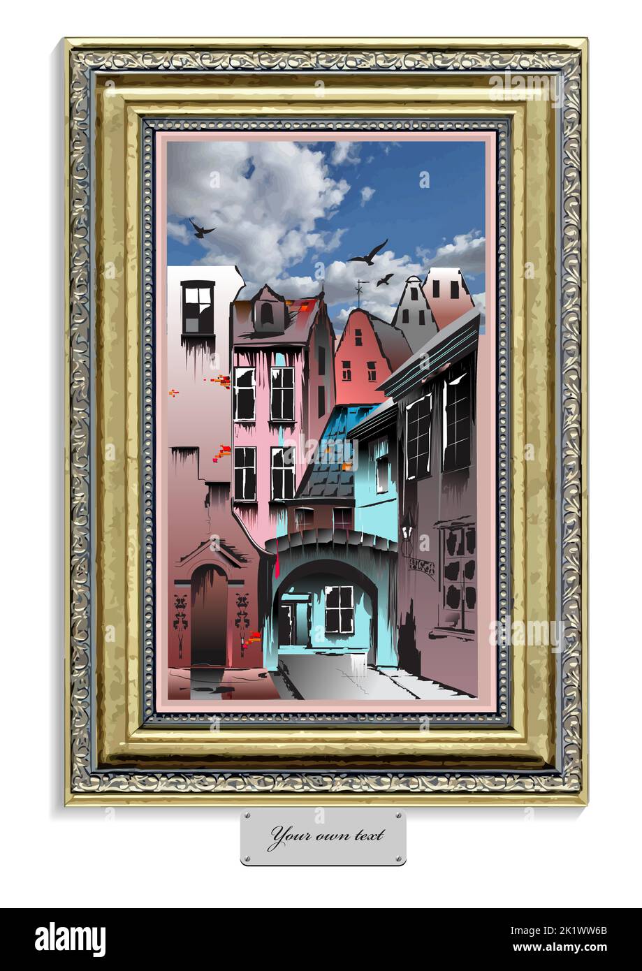 Ölgemälde der mittelalterlichen europäischen Altstadt. 3D Farbvektordarstellung Stock Vektor