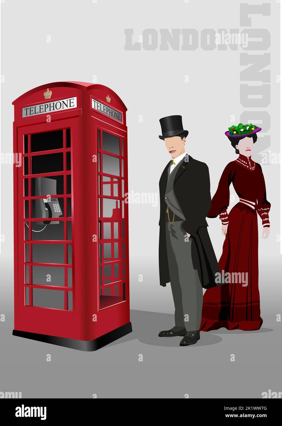 Gentleman, Lady und rote Londoner Telefonzelle. 3D Farbvektordarstellung Stock Vektor