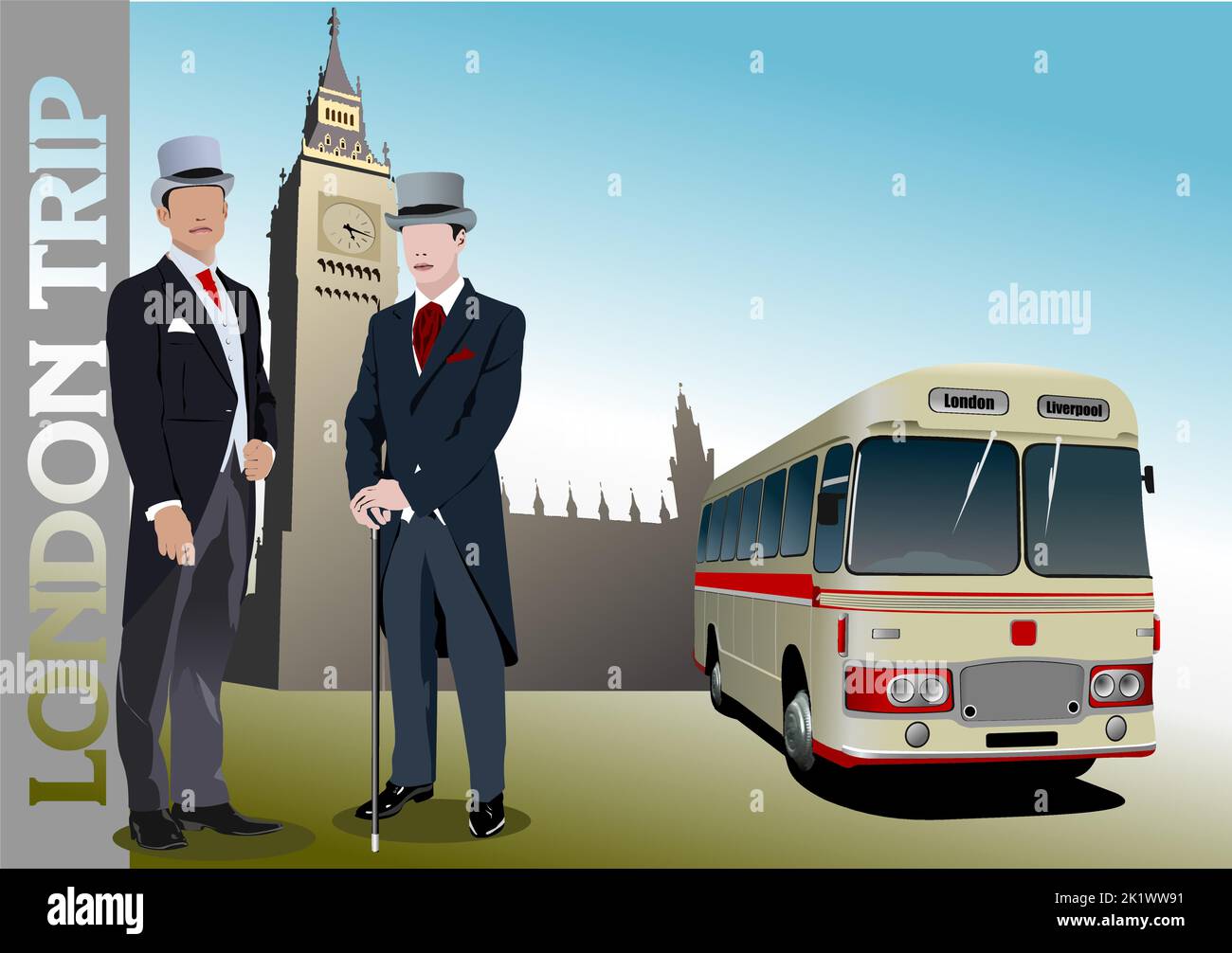 London-Bild mit Herren Silhouette und Seltenheit gelben Bus. Farbige vektorgrafik 3D Stock Vektor