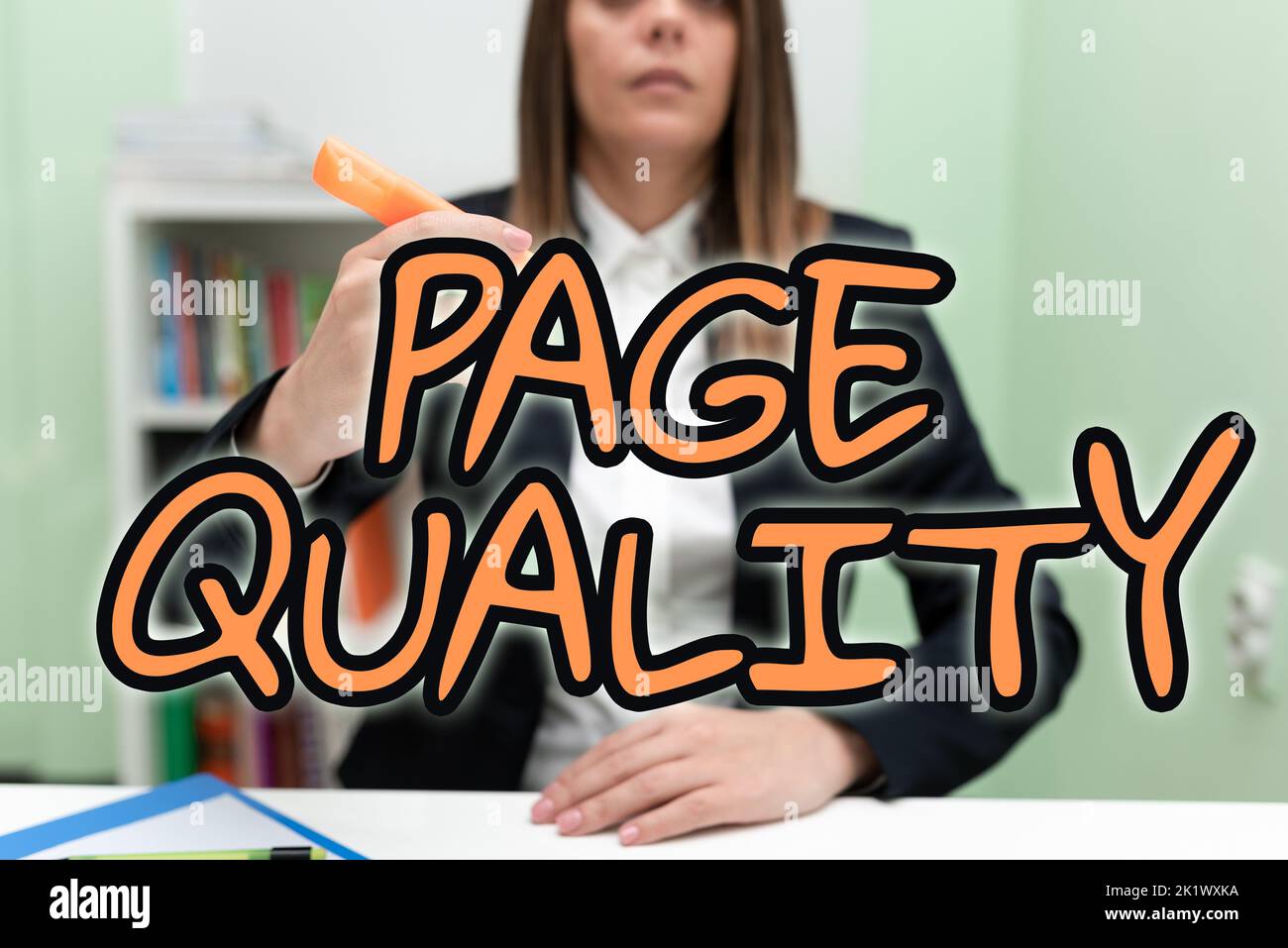 Konzeptionelle Beschriftung Seitenqualität. Wort über die Wirksamkeit einer Website in Bezug auf Aussehen und Funktion geschrieben Stockfoto