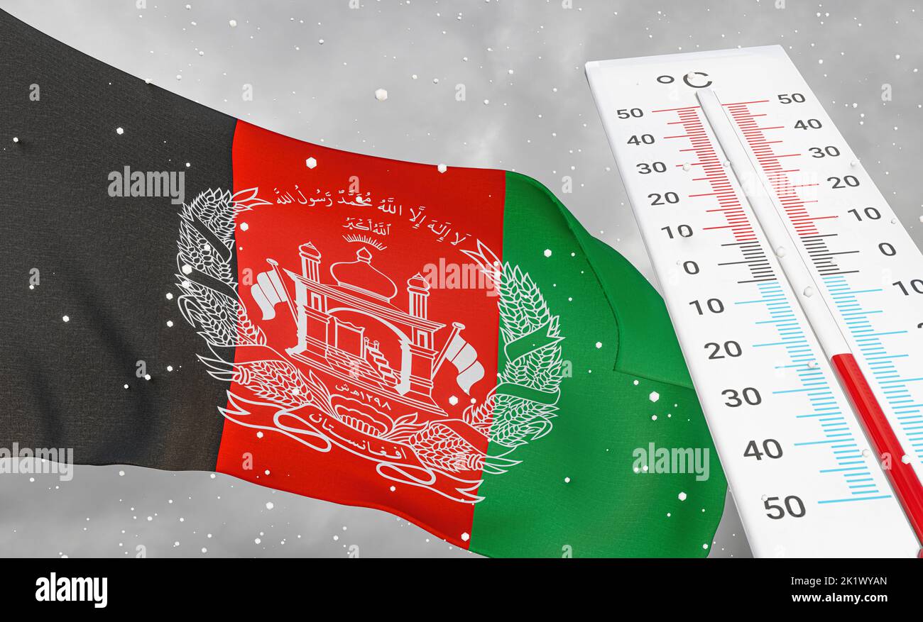 Winter in Afghanistan mit schwerer Kälte, negativen Temperaturen, kalter Jahreszeit in Afghanistan, grausamsten kältesten Wetter in Afghanistan, Flagge Afghanistan wi Stockfoto