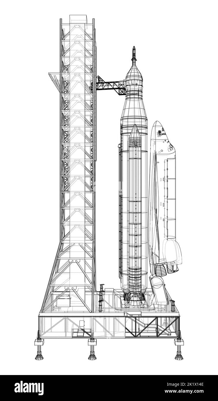 Space Rocket auf der Startrampe. Vektorrendering von 3D Stock Vektor
