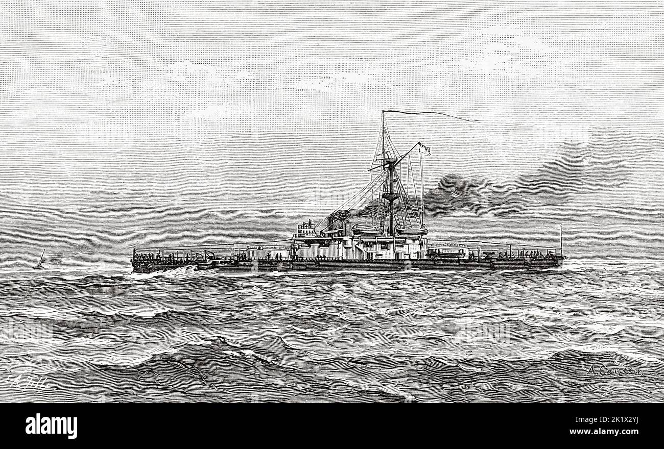 Trafalgar-Klasse Eisengewehrschiffe der britischen Royal Navy waren gepanzerte Kriegsschiffe des späten 19.. Jahrhunderts. Alte, gravierte Illustration aus dem 19.. Jahrhundert von La Nature 1890 Stockfoto