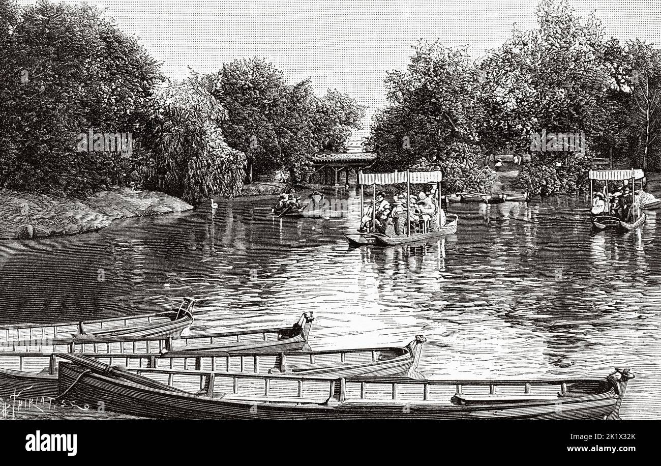 Lincoln Park Lake in Chicago, Illinois, USA. Alte, gravierte Illustration aus dem 19.. Jahrhundert von La Nature 1890 Stockfoto