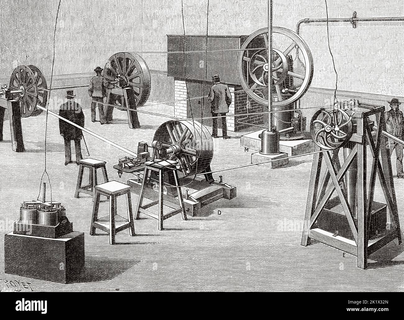 Teststation für Landmaschinen in Paris, Frankreich. M 6 PS-Gasmotor, P-Riemenscheibe mit variablem Messgerät, D verschiedene Aufzeichnungsdynamometer, E-Prüfmaschine. Alte, gravierte Illustration aus dem 19.. Jahrhundert von La Nature 1890 Stockfoto