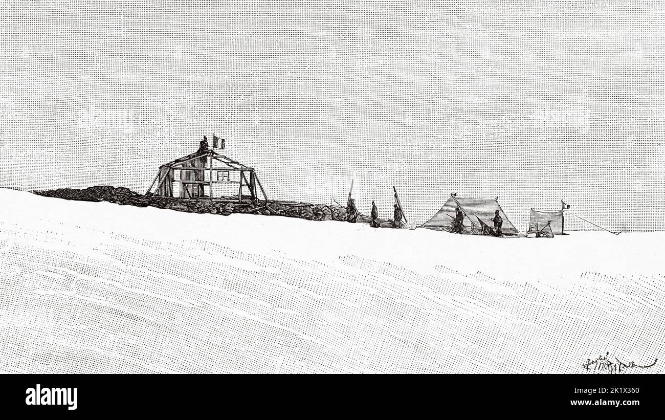 Die höchste wissenschaftliche Station der Welt, die Zuflucht von J Vallot in Mont-Blanc auf 4400 Metern Höhe während seiner Konstruktion. Alte, gravierte Illustration aus dem 19.. Jahrhundert von La Nature 1890 Stockfoto