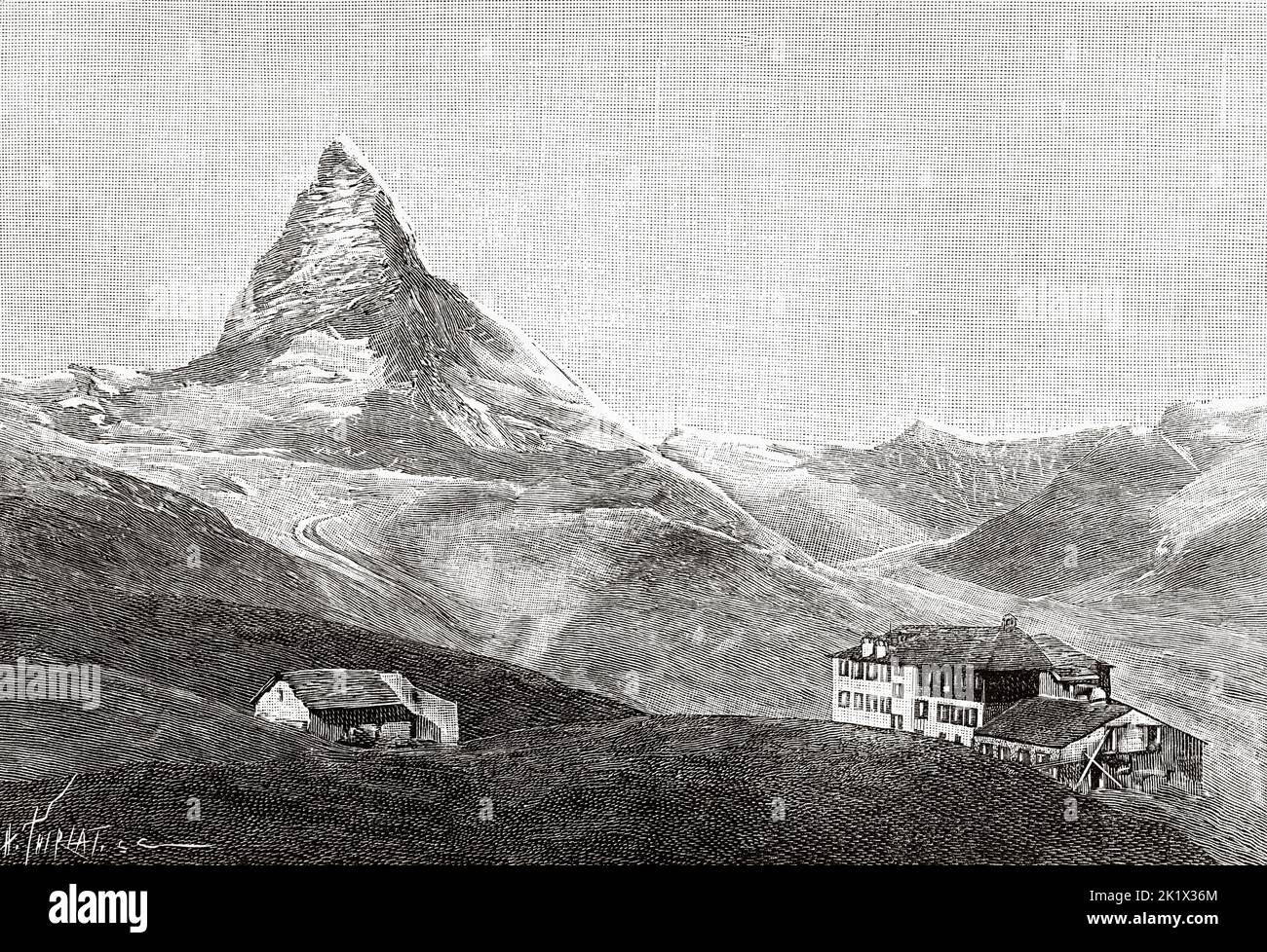 Blick auf das Hotel du Riffle und das Matterhorn. Der Cervino-Berg der Alpen, der die Hauptwasserscheide und die Grenze zwischen der Schweiz und Italien überspannt. Alte, gravierte Illustration aus dem 19.. Jahrhundert von La Nature 1890 Stockfoto