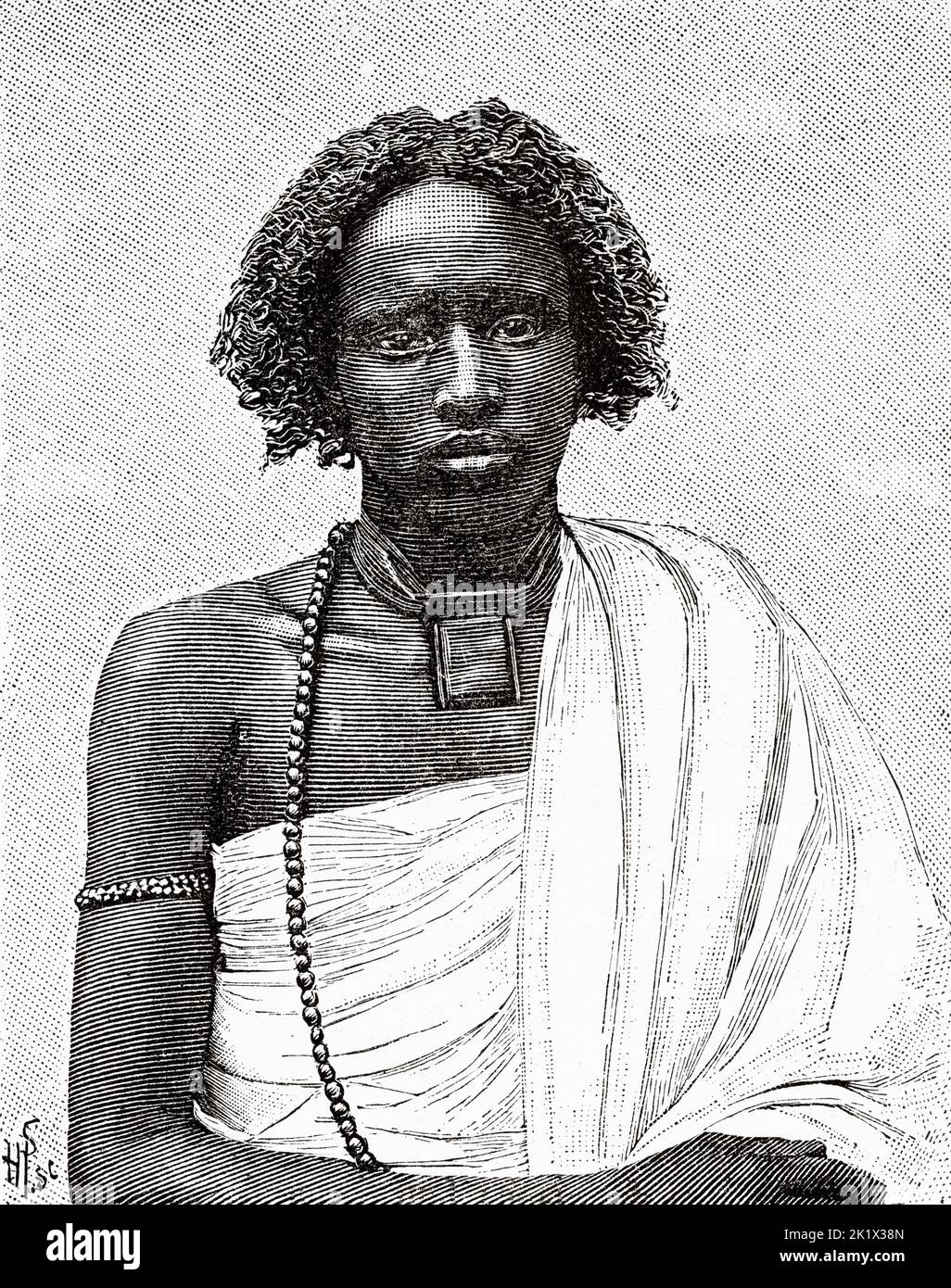 Der 20-jährige somalische junge Mann wurde im Jardin d'Acclimatation in Paris, Frankreich, ausgesetzt. Alte, gravierte Illustration aus dem 19.. Jahrhundert von La Nature 1890 Stockfoto