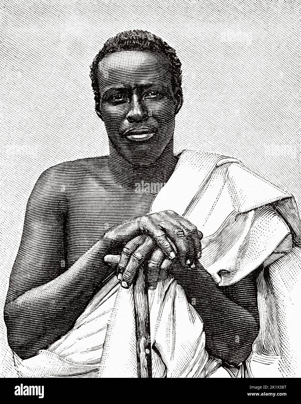 Omar Joussouf, ein junger Somalier aus Somalia, der im Jardin d'Acclimatation in Paris, Frankreich, ausgestellt wurde. Alte, gravierte Illustration aus dem 19.. Jahrhundert von La Nature 1890 Stockfoto