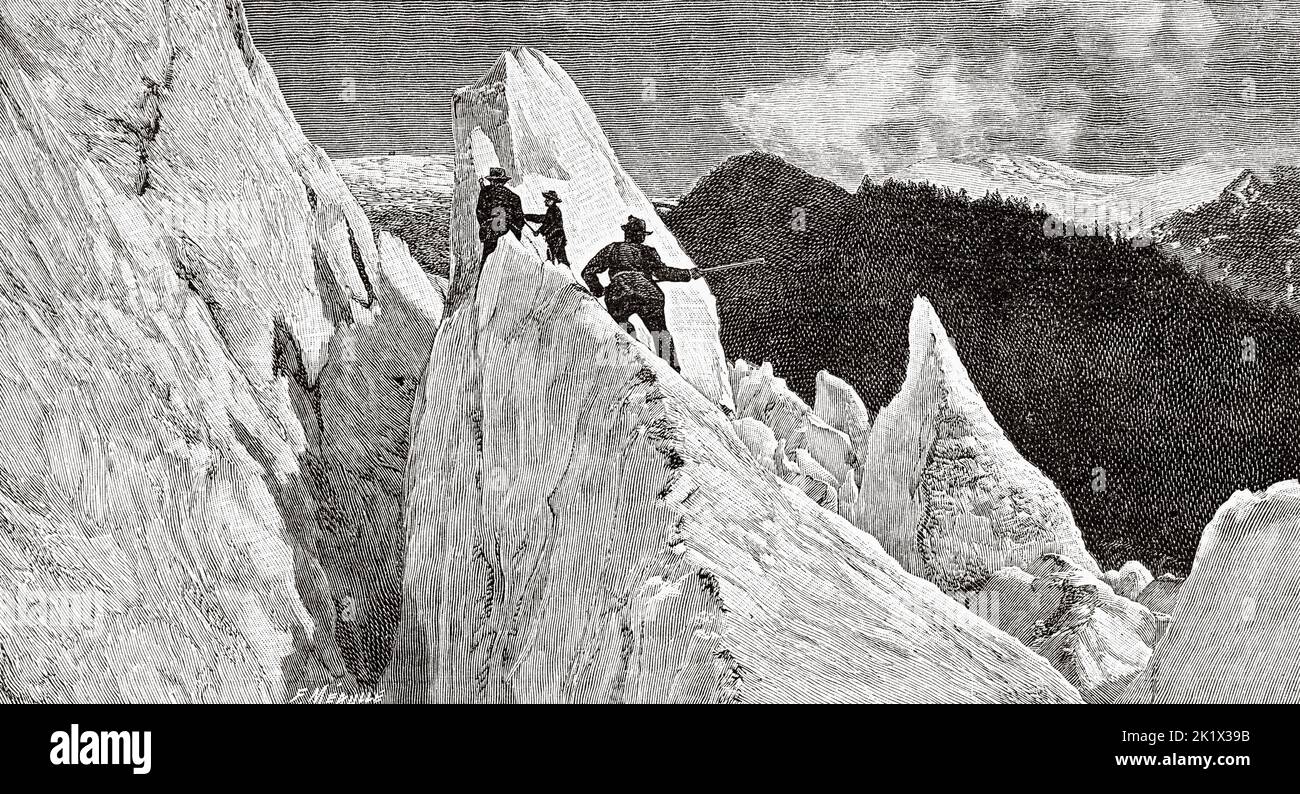 Eispyramiden am Bossons Glacier. Alte, gravierte Illustration aus dem 19.. Jahrhundert von La Nature 1890 Stockfoto