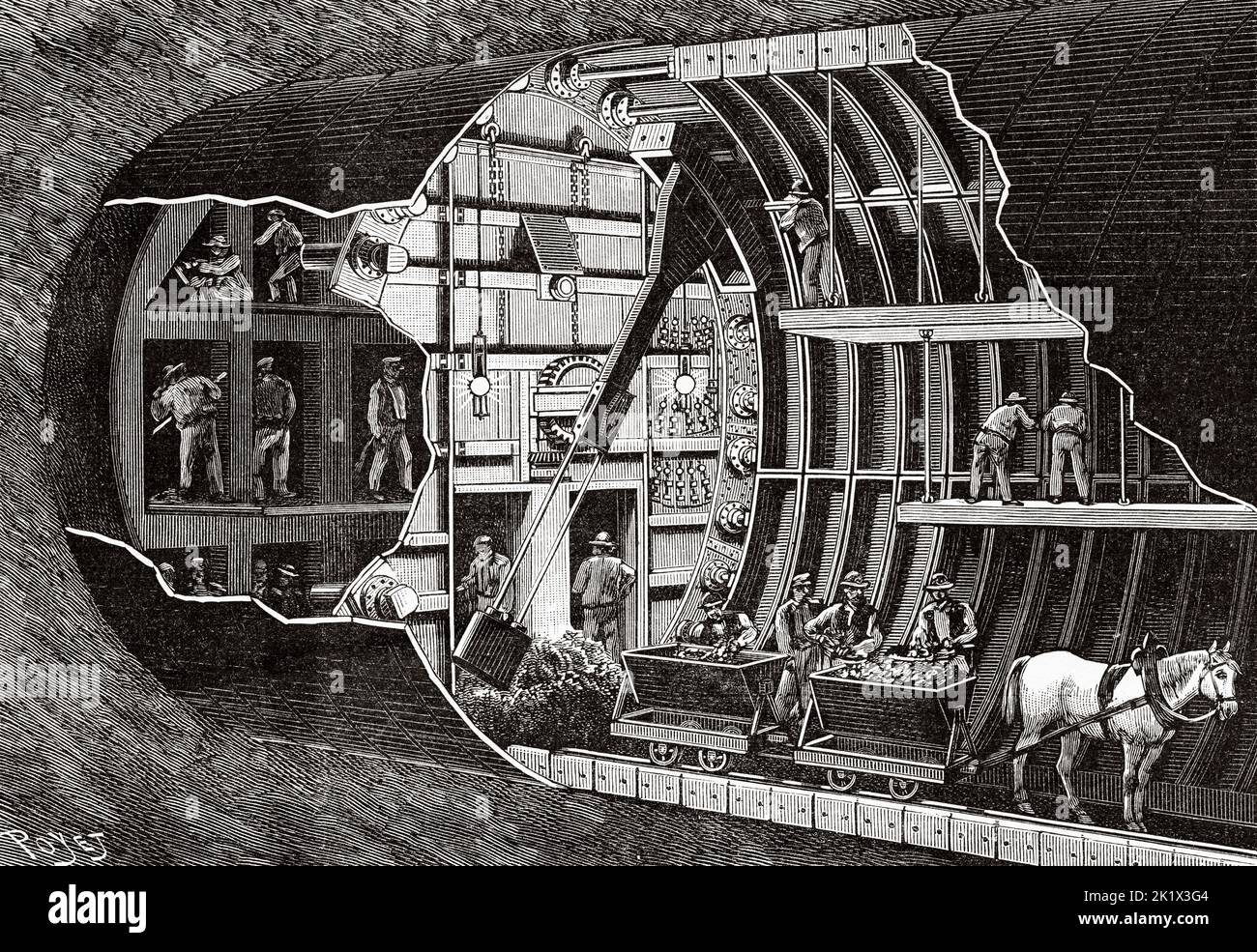 Bohrung eines Tunnels unter dem Saint Clair River in den USA. Alte, gravierte Illustration aus dem 19.. Jahrhundert von La Nature 1890 Stockfoto