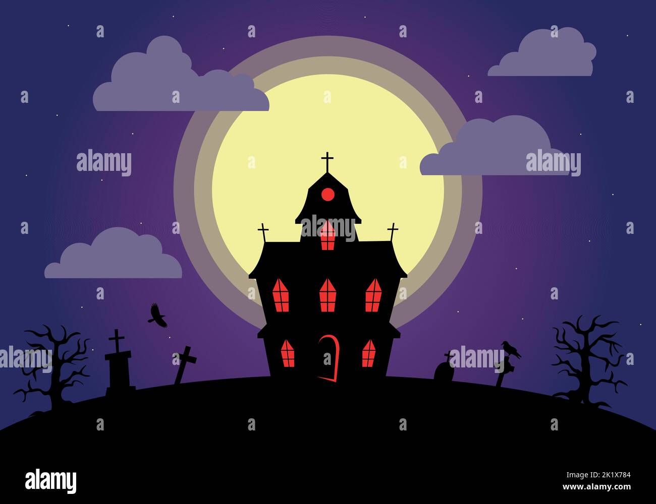 halloween gruseliges dunkles Haus mit roten Fenstern Stock Vektor