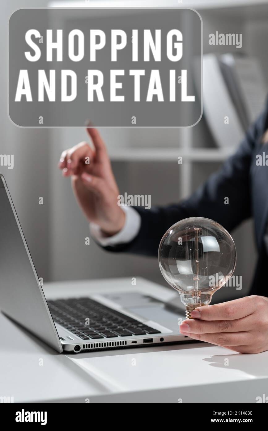 Textunterschrift mit einer Darstellung von Shopping und Retail. Business Concept-Prozess für den Verkauf von Konsumgüterdiensten an Kunden Stockfoto