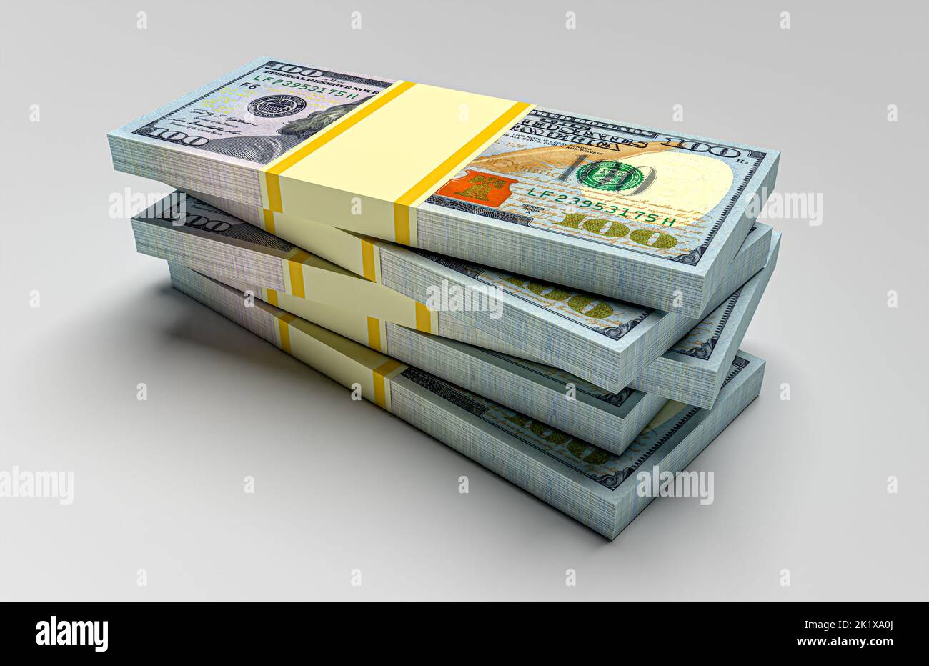 Große Geldstapel aus Dollar. Konzept der US-Dollar-Finanzierung. 3D Rendern Stockfoto