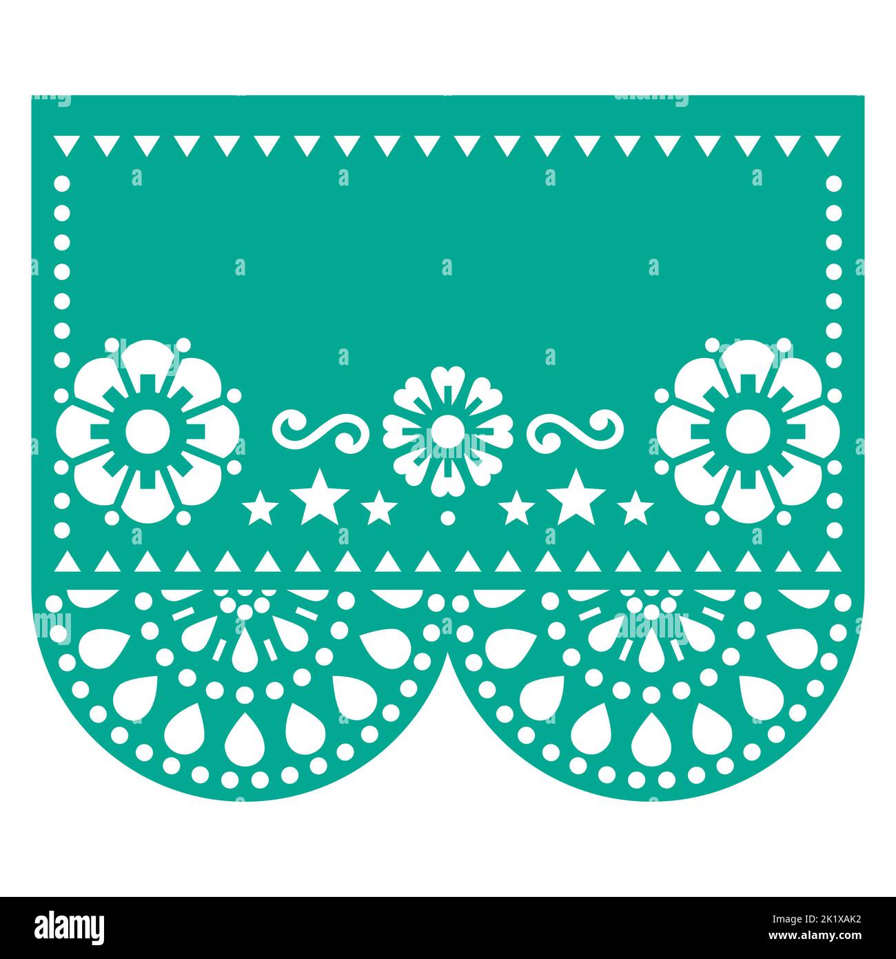Papel Picado Vektor-Template-Design mit Blumen und geometrischen Formen, mexikanische Ausschnittpapier Girlande Dekoration, leerer Raum in der Mitte Stock Vektor