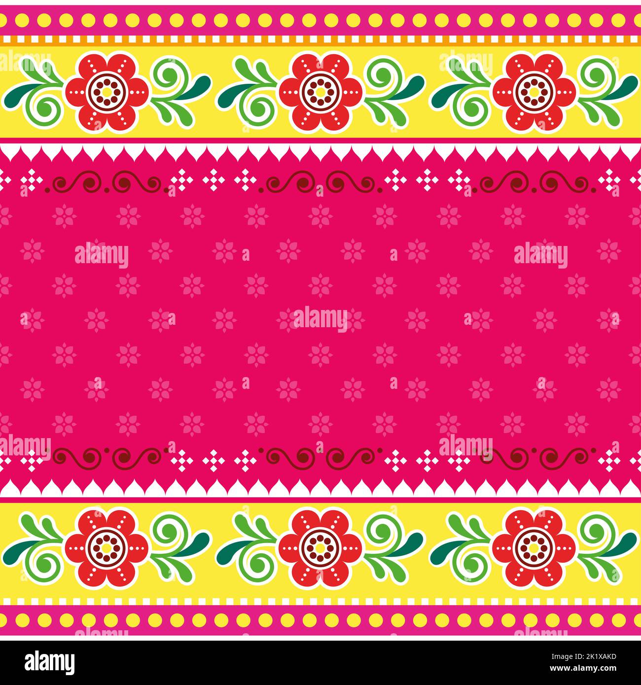 Indische und pakistanische LKW-Kunst inspiriert Vektor nahtlose Blumenmuster oder Grußkarten-Design mit leerem Platz für Text Stock Vektor