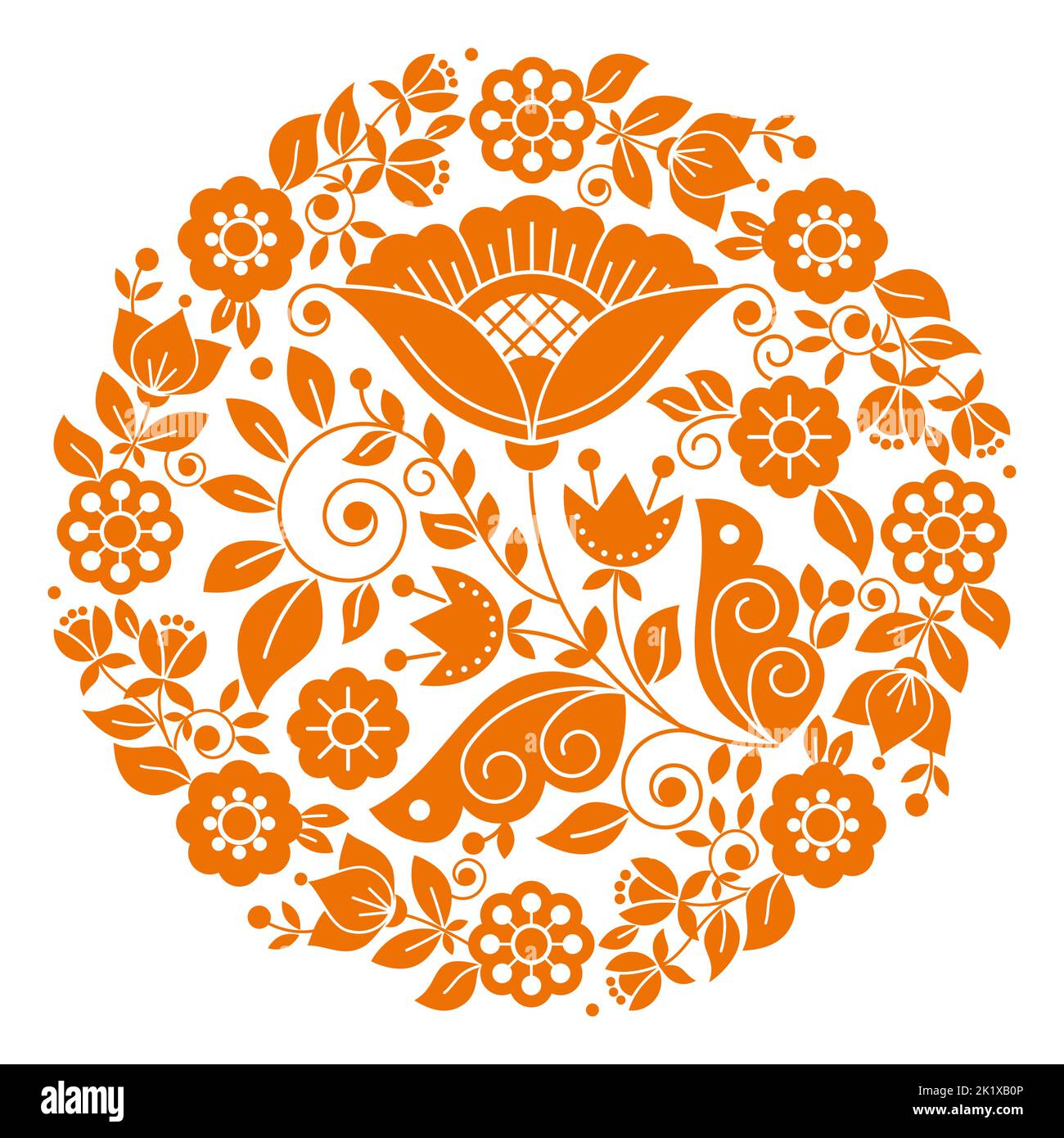 Skandinavische Volkskunst Vektor floralen Mandala orange Design Muster in Rahmen von der traditionellen Stickerei aus Schweden, Norwegen und Dänemark inspiriert Stock Vektor