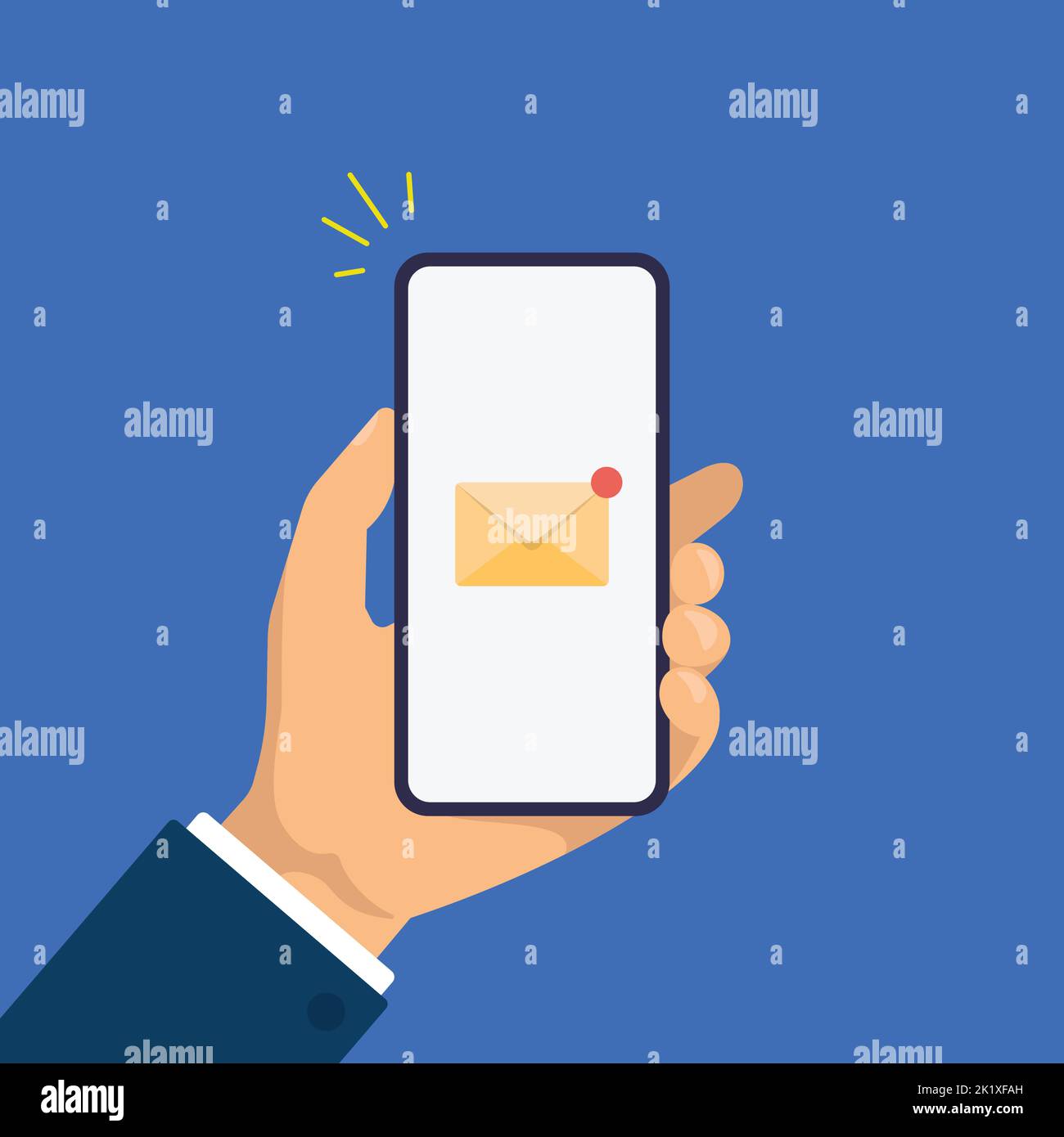 Neue E-Mail-Benachrichtigung auf dem Smartphone-Bildschirm. Die Hand hält das Smartphone. Moderne flache Design-Illustration. Stock Vektor