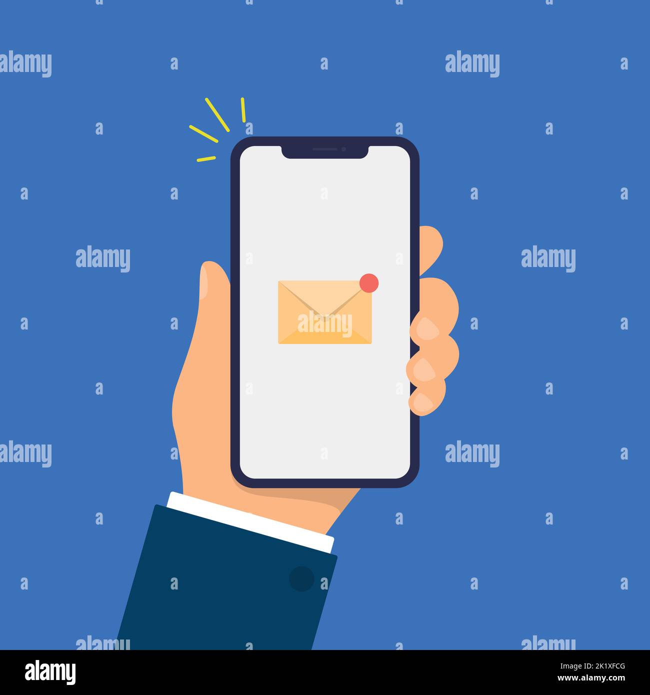 Neue E-Mail-Benachrichtigung auf dem Smartphone-Bildschirm. Die Hand hält das Smartphone. Moderne flache Design-Illustration. Stock Vektor