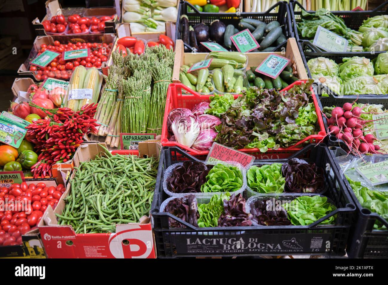Gemüse im Verkauf in einem Lebensmittelgeschäft Quadrilatero Bologna Italien Stockfoto
