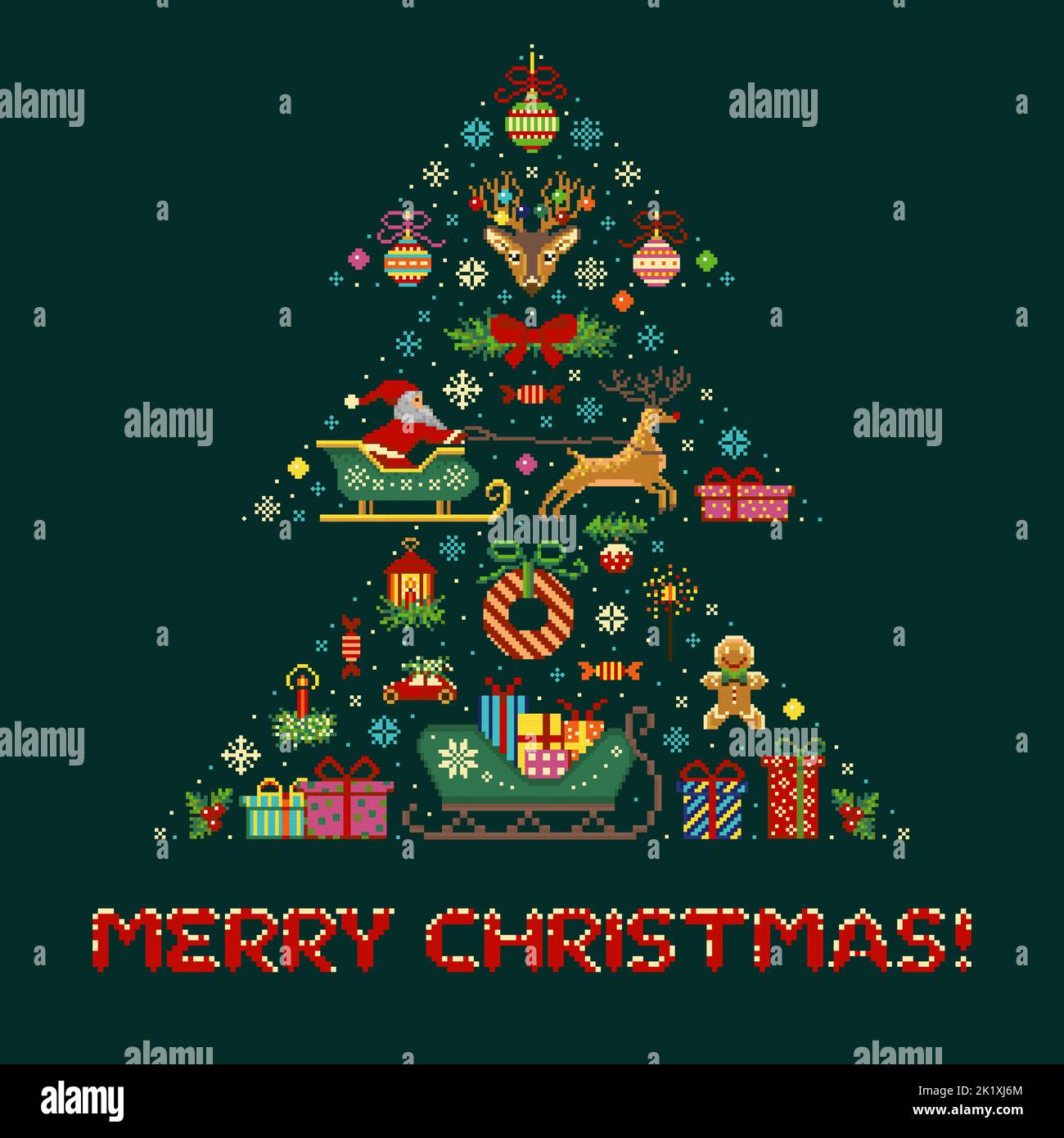 Pixel Art Frohe Weihnachtsdruck oder Grußkarte Stock Vektor