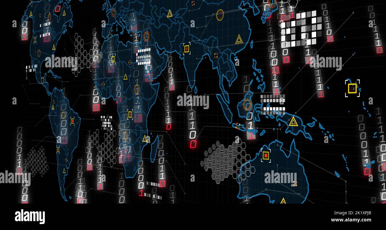 Bild der binären Codierung und Datenverarbeitung auf der Weltkarte Stockfoto