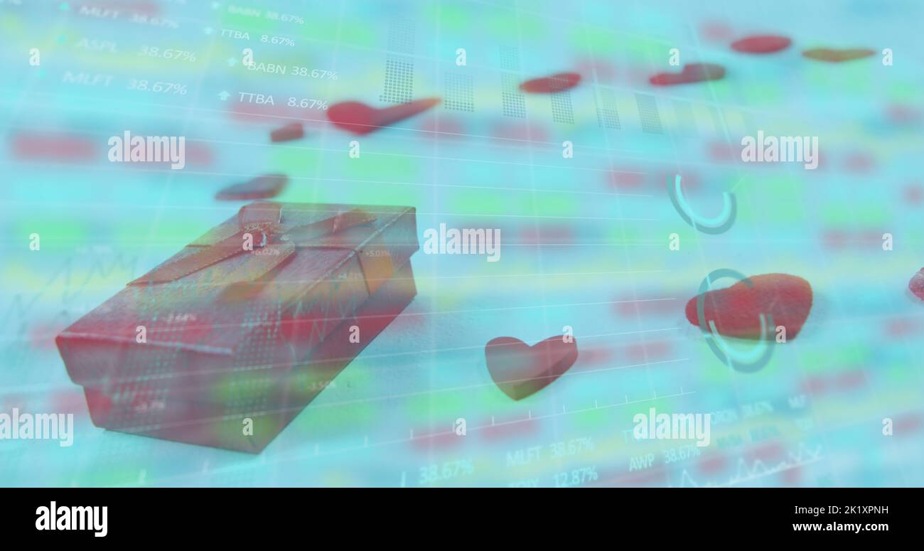 Bild von Geschenkbox und Herz Formen über bewegten Grafiken und Trading-Board Stockfoto