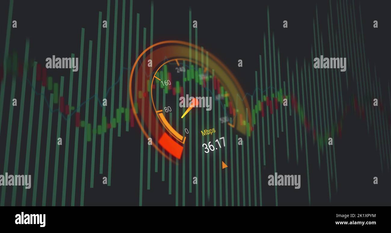 Bild der Datenverarbeitung über Tachometer Stockfoto