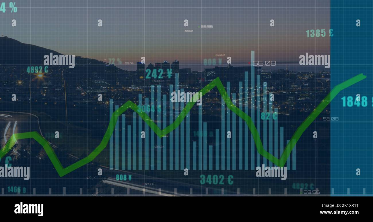 Bild der Datenverarbeitung über dem Stadtbild Stockfoto