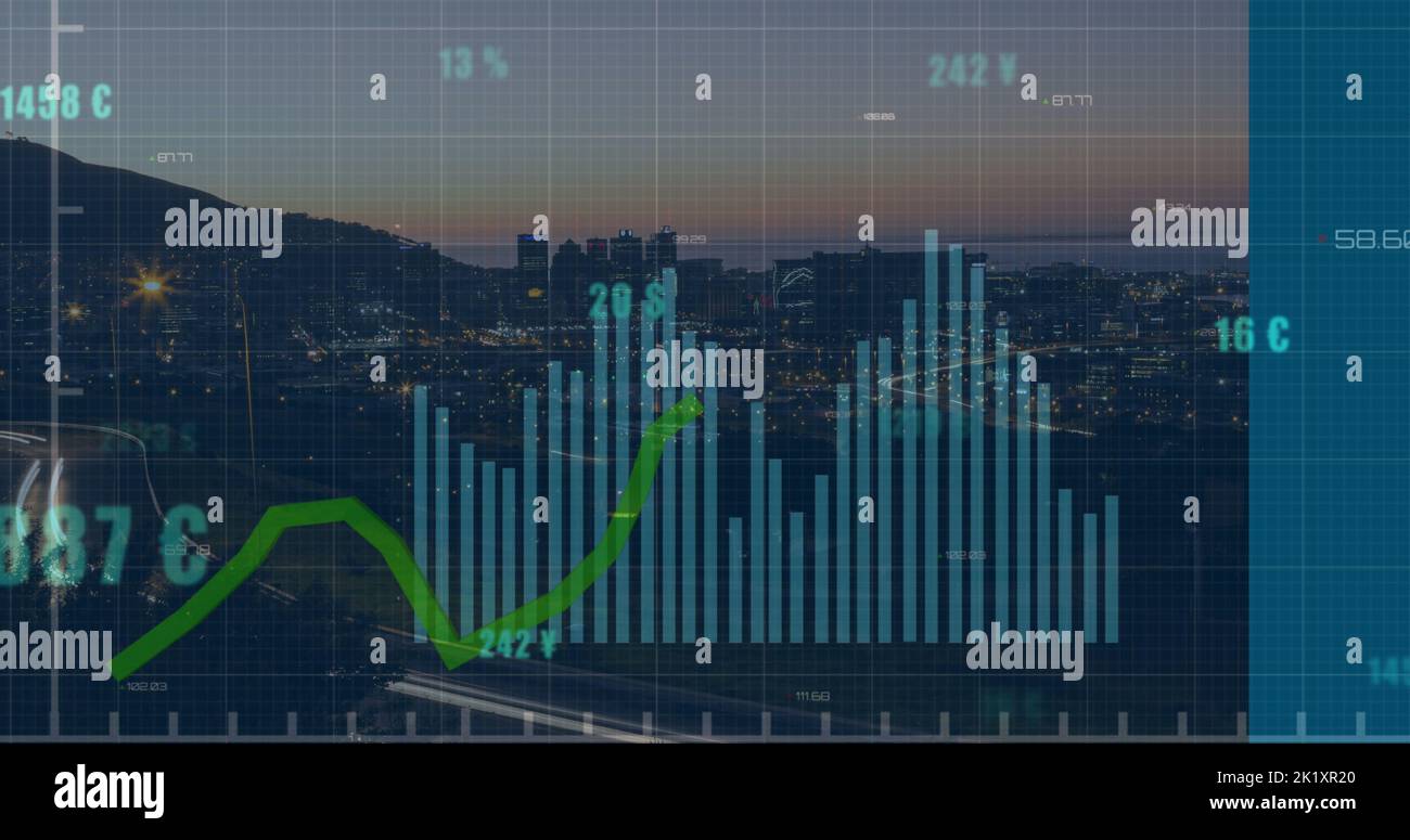 Bild der Datenverarbeitung über dem Stadtbild Stockfoto