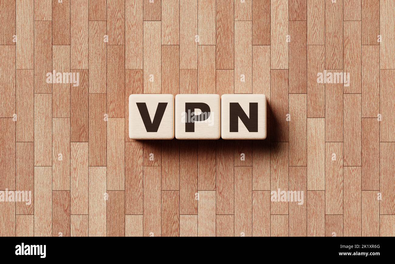 VPN Holzwortblock Würfel mit Laminat Hintergrund. Virtuelles privates Netzwerk Online-Privatsphäre und Anonymität durch die Schaffung von privaten Konzept. 3D illustrative Darstellung Stockfoto