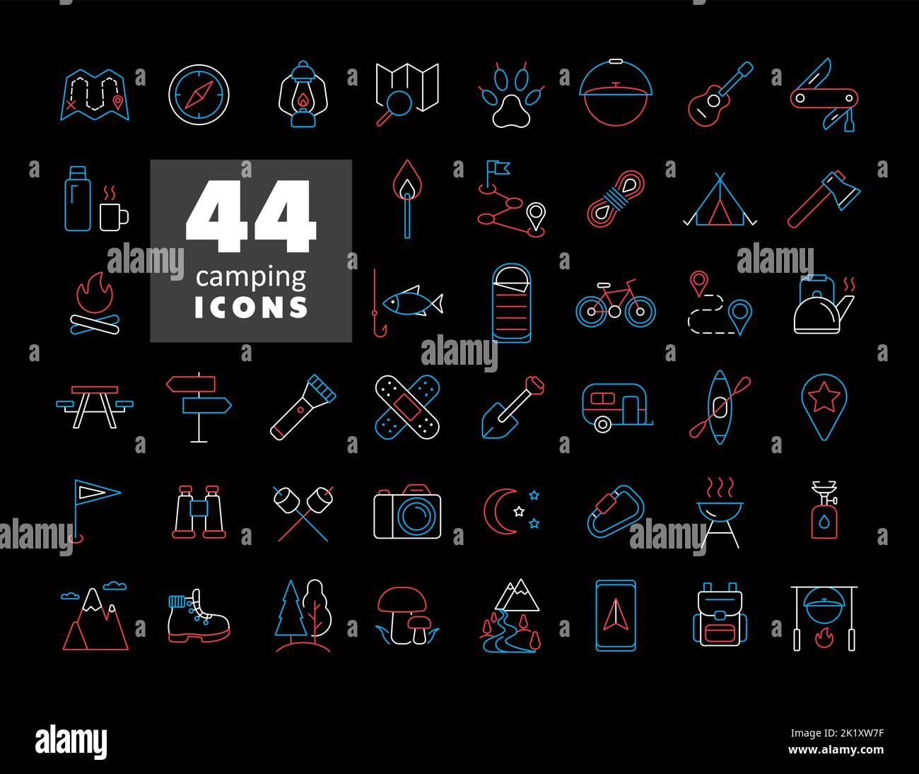 Camping, Wandern, Natur und Outdoor-Aktivitäten isoliert auf schwarzem Hintergrund Symbole gesetzt. Graph Symbol für Reise-und Tourismus-Website und Apps Design, l Stock Vektor