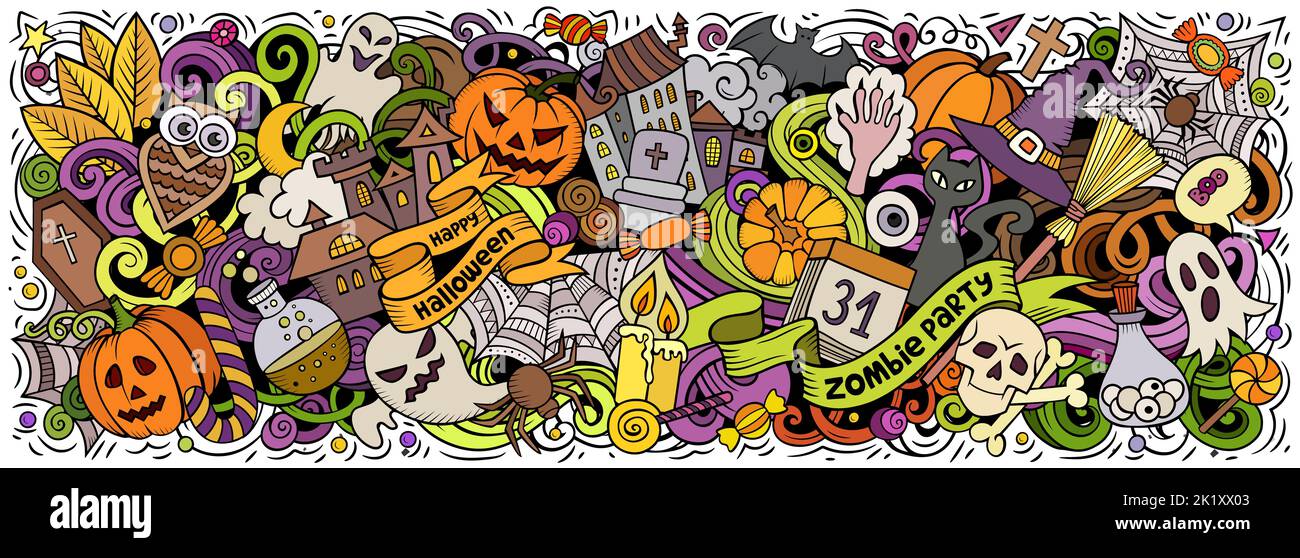 Happy Halloween handgezeichnete Cartoon Kritzeleien Illustration. Stockfoto