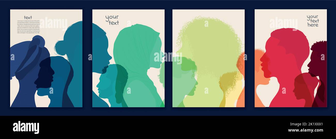 Vorlage Poster Silhouette Profil Gruppe Menschen Männer und Frauen verschiedener Kulturen. Kulturelle Vielfalt. Konzept der Rassengleichheit. Multikulturelles Team Stock Vektor
