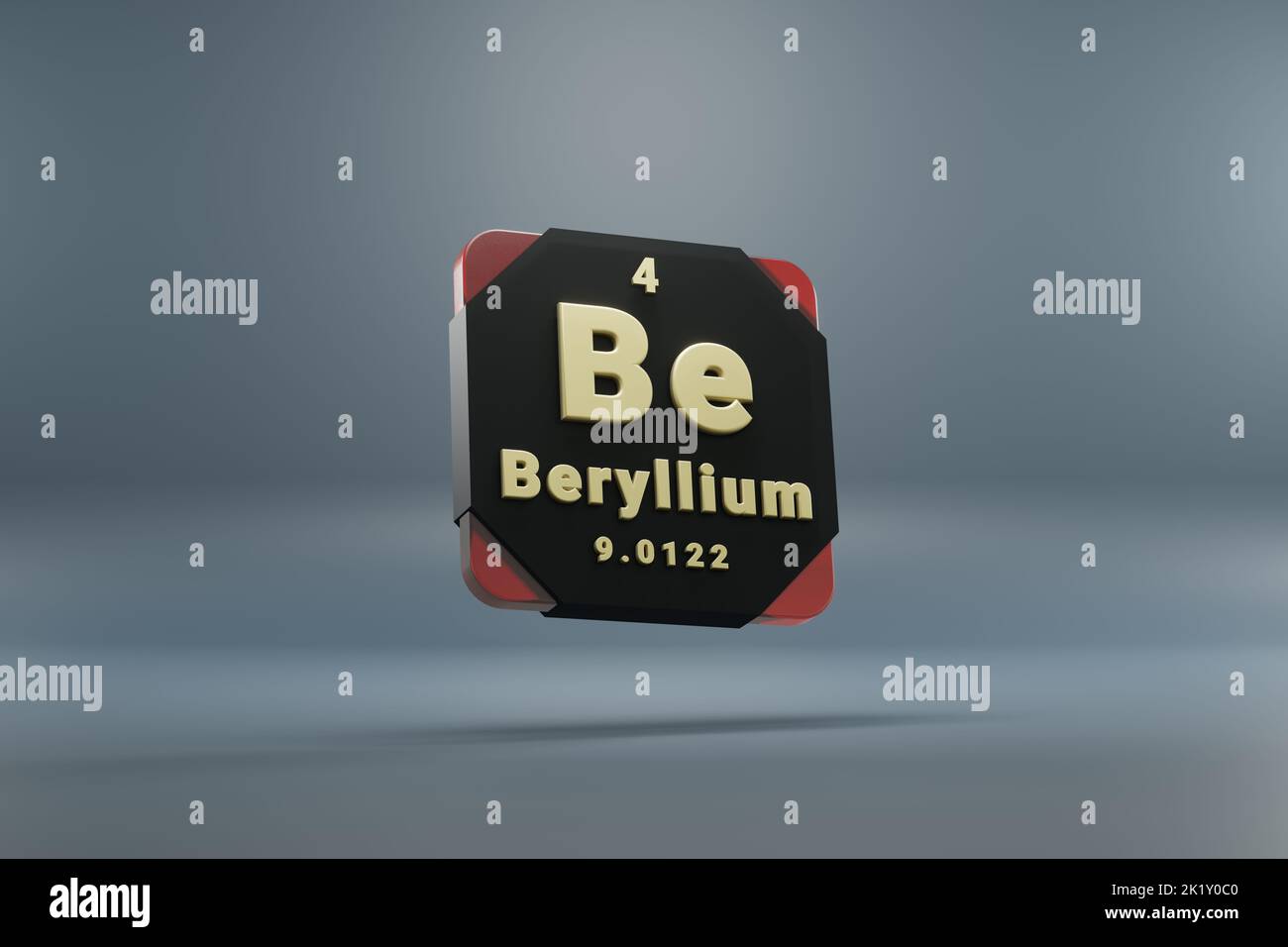 Schöne abstrakte Abbildungen stehen schwarz und rot Beryllium 4 werden Element des Periodensystems. Modernes Design mit goldenen Elementen, 3D Rendering Stockfoto