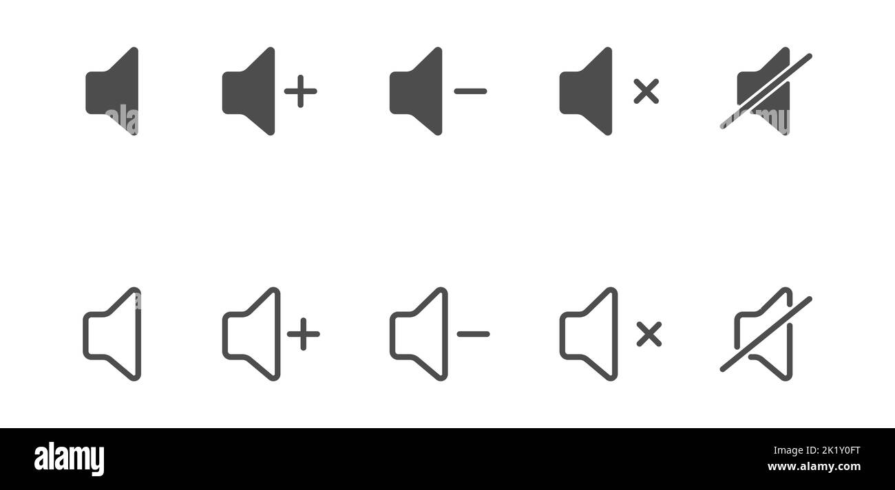 Lautstärkesymbol. Klangregler. Ein Satz von Symbolen für die Lautstärke- und Steuerschnittstelle. Leere Umrisse und gefüllte Silhouette, flacher Style. Stock Vektor